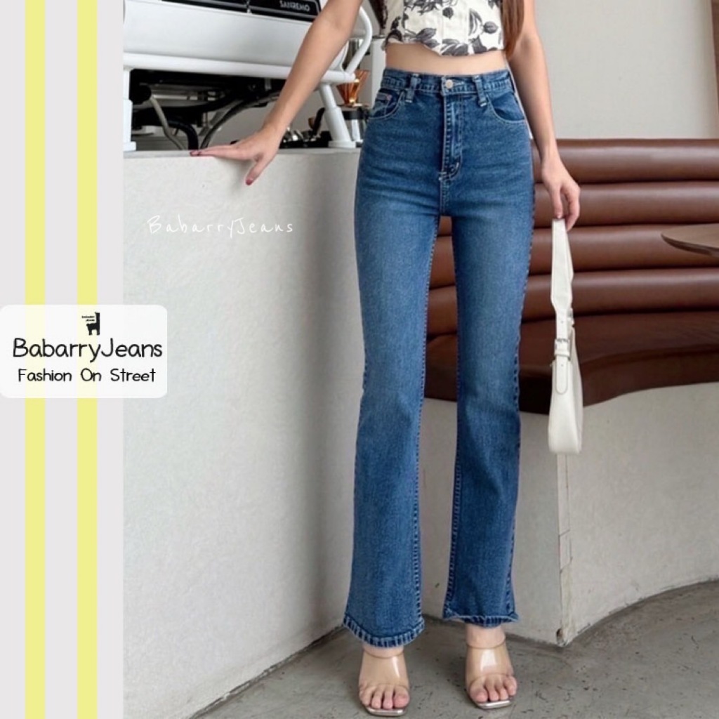 BabarryJeans กระบอกขาม้าเล็ก (S-5XL) เอวสูง วินเทจ ผ้ายืด ยาว 39 นิ้ว สียีนส์ฟอก