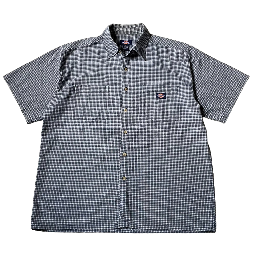 Dickies Shirt Gray Plaid Button Up Short Sleeve Workwear Size XL ของแท้100%