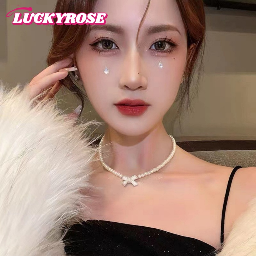 สร้อยคอมุก จี้โบว์ประดับเพชรหรูหราสไตล์เกาหลีแฟชั่นปรับได้ขนาดระดับไฮเอนด์เครื่องประดับเข้ากับทุกการแต่งกาย