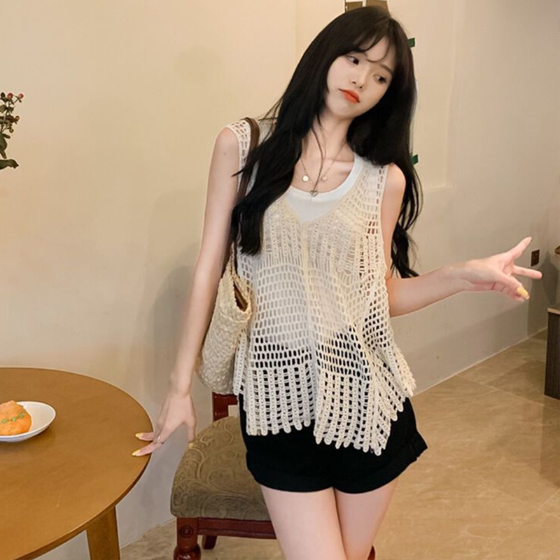 เสื้อกล้ามถักคอวีผู้หญิงหลวมอเนกประสงค์เสื้อกล้ามกลวงออกสม็อค