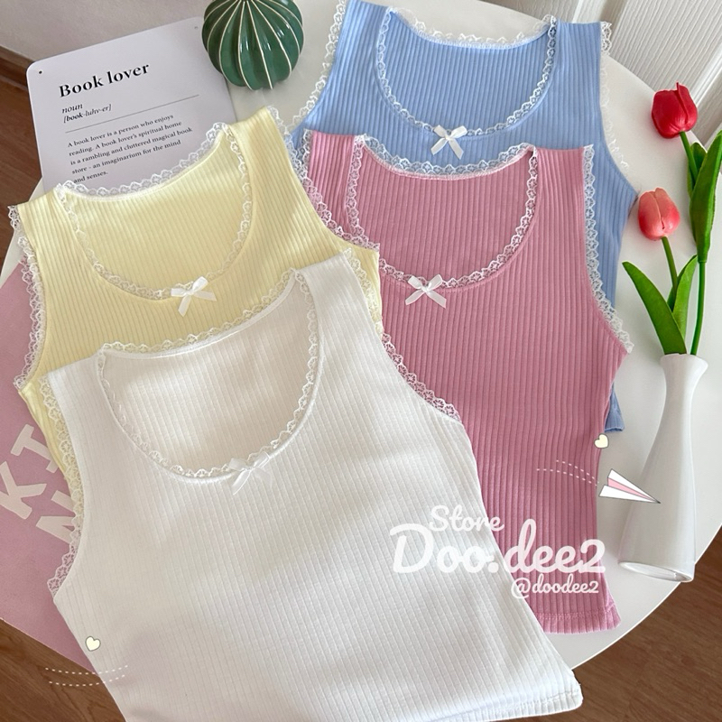 DOODEE2 เสื้อกล้ามคอกลม แต่งติดลูกไม้รอบคอ รอบแขน ผ้าร่องใหญ่