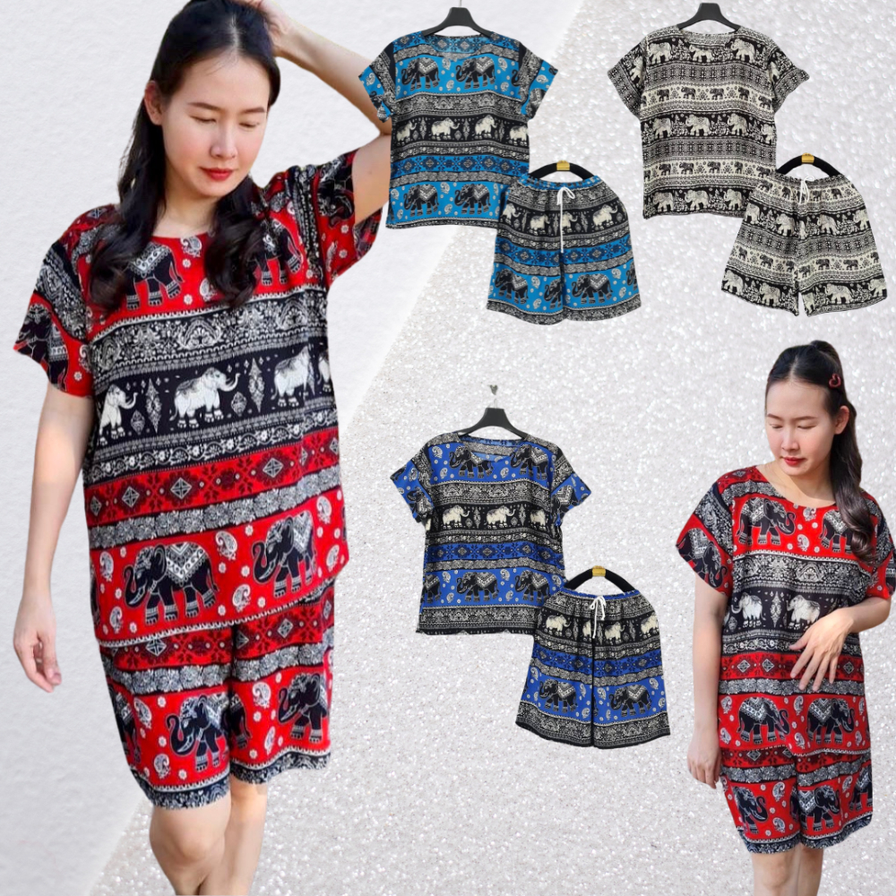 ชุดเซ็ทช้างคอกลมฟรีไซส์ เสื้อคอกลมกางเกงสั้นลายช้างไทย ฝีมือคนไทยตัดเย็บ