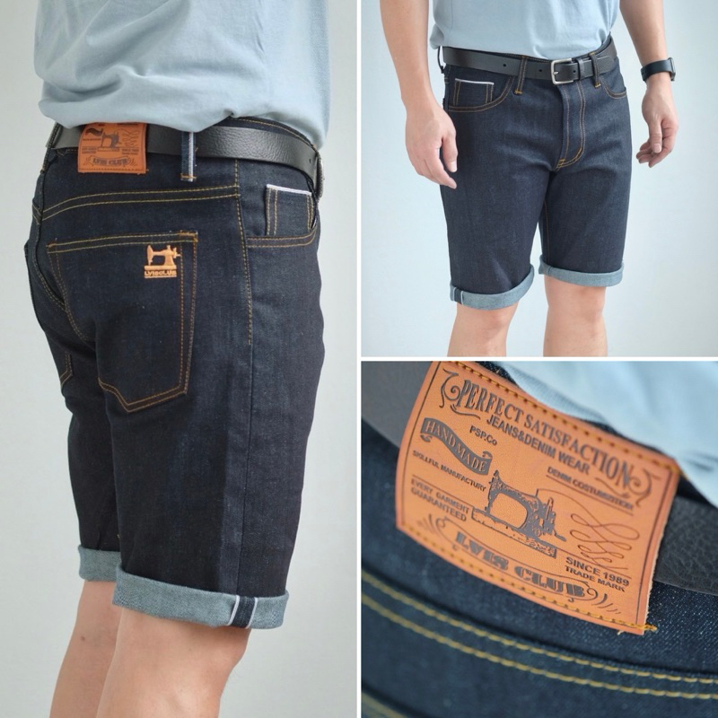 กางเกงยีนส์ริมแดงขาสั้นผ้ายืด12.5ออนซ์เป้าซิปย้อมสีDouble indigo เข้มจัดใส่สบายเฟดสวยทรงSLIM-FITป้ายหนังแท้