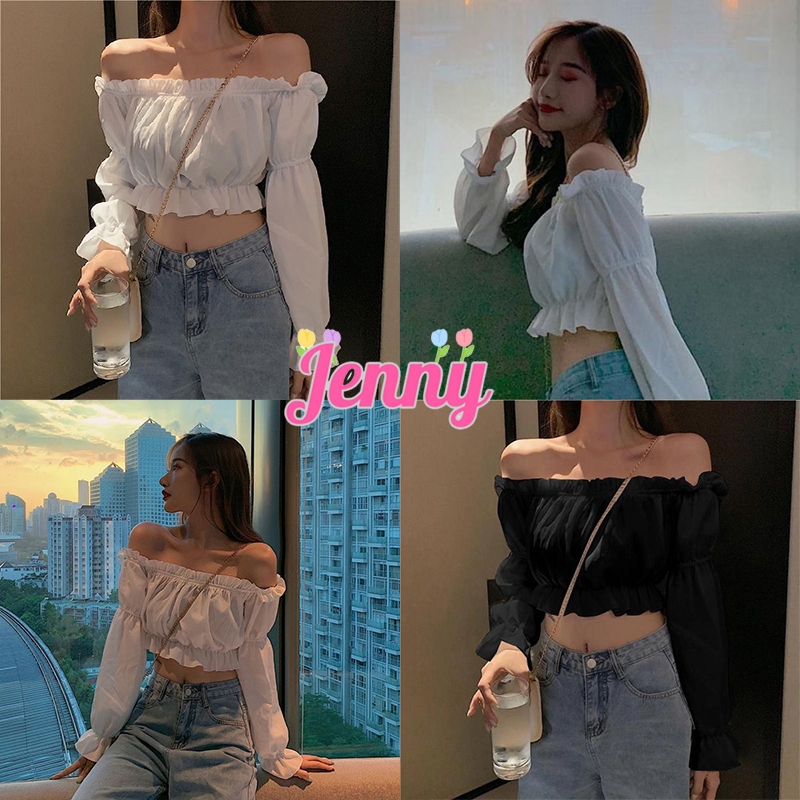 Jenny พร้อมส่ง เสื้อปาดไหล่แขนยาว เสื้อเปิดไหล่ สม็อกไขว้หน้า งานสวยผ้า ใส่นุ่มสบายไม่คัน เสื้อปาดไหล่แฟชั่น