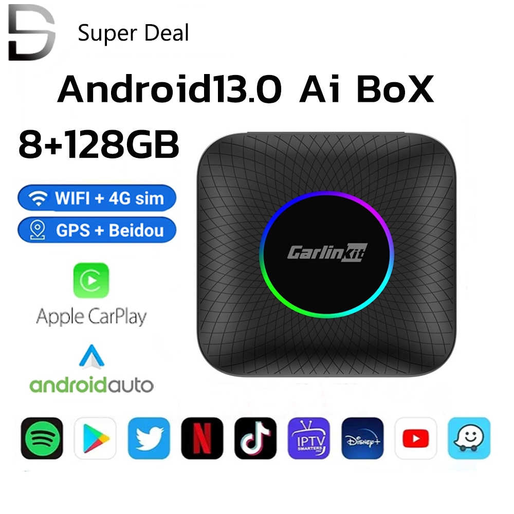 Carlinkit CarPlay Ai Box กล่องทีวีไร้สาย Android 13 8+128GB QCM 8-Core 6225 Android Auto YouTube Net