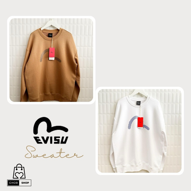 [พร้อมส่ง]_EVISU Sweater Unisex สกรีนโลโก้ใหญ่ด้านหน้า ผ้า Cotton ไม่ใช่ผ้าสำลี ไม่หนามาก Size S (Oversize, Unisex)