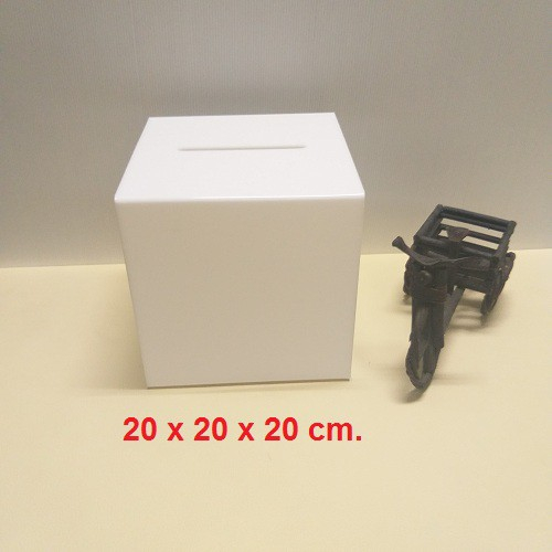 กล่องรับบริจาค สีขาว หนา 3 มิล ขนาด 20 x 20 x 20 cm. กล่องรับความคิดเห็น กล่องใส่เงิน