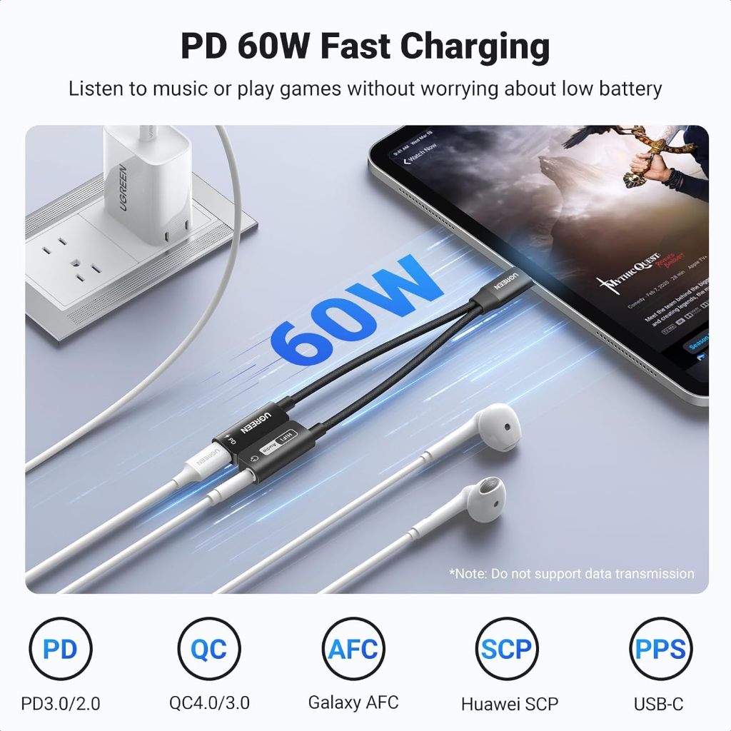 UGREEN รุ่น 25837 อะแดปเตอร์ 2in1 USB C ไป 3.5 มม Aux to USB C PD 60W Fast Charging