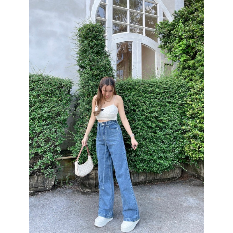 กางเกงยีนส์SARAN ทรงกระบอกใหญ่ มีเชือกผูก มือสอง ไซต์xl