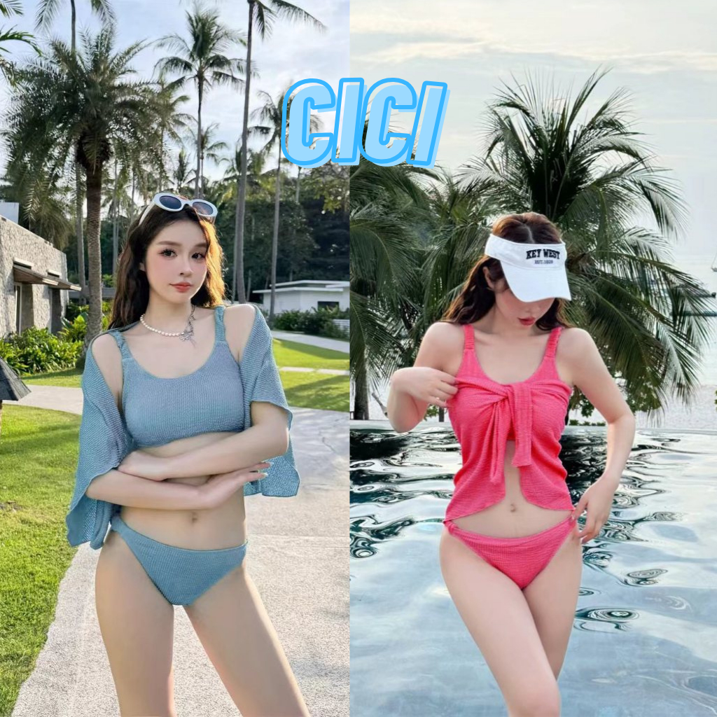 ส่งทันที Cici (NO. J1079)เซ็ตบิกินี่3ชิ้น ผ้าเปลือกไม้ มีฟองน้ำในตัว แซ่บมากแม่
