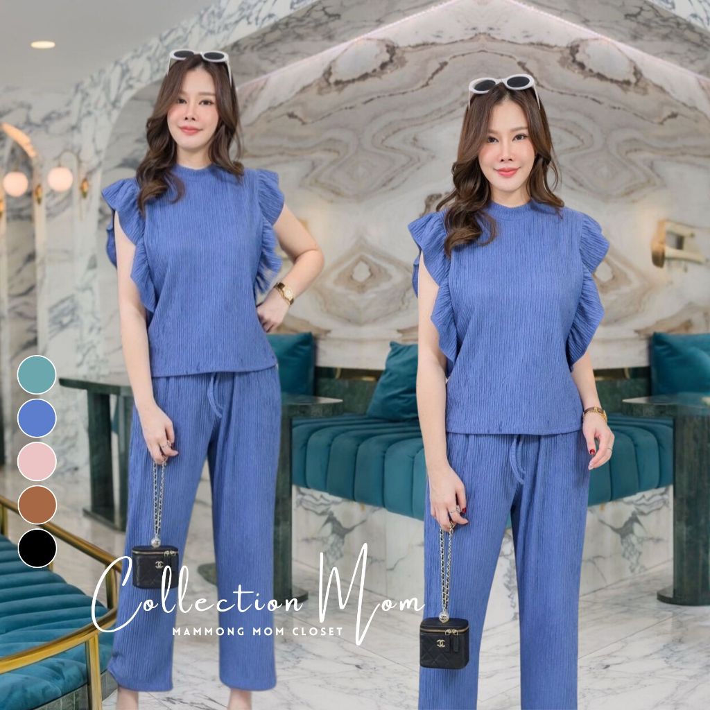Mamong ชุดให้นม L557 ชุดเซตผ้ายับแขนระบาย+กางเกงขา5ส่วน