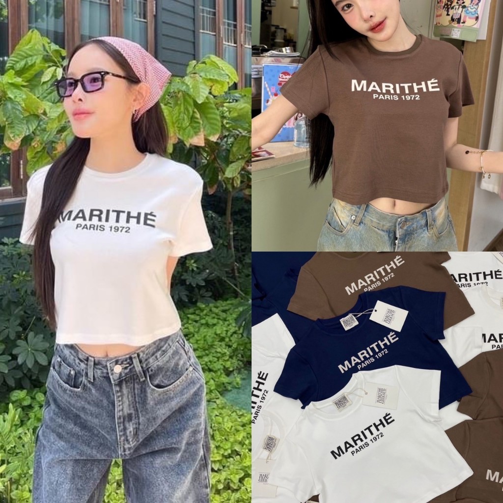 “Marithe crop top" เสื้อครอปแขนสั้นสุดคิ้วท์ แบรนด์สุดฮิตเกาหลี คอลใหม่พิมพ์ลายอักษร รุ่นนี้กำลังฮิตมากๆเลยค่ะ ทรงสวย