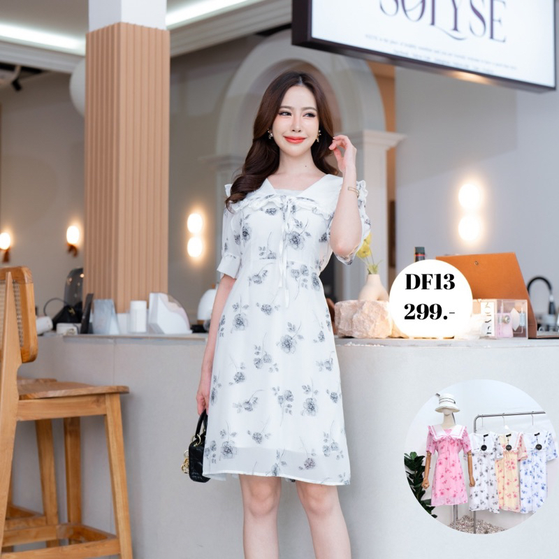dress cookie รุ่น เดรสลายดอกผ้าซีฟอง ทรงคอปกทหารเรือแต่งระบาย  ชุดเดรสแฟชั่น DF19
