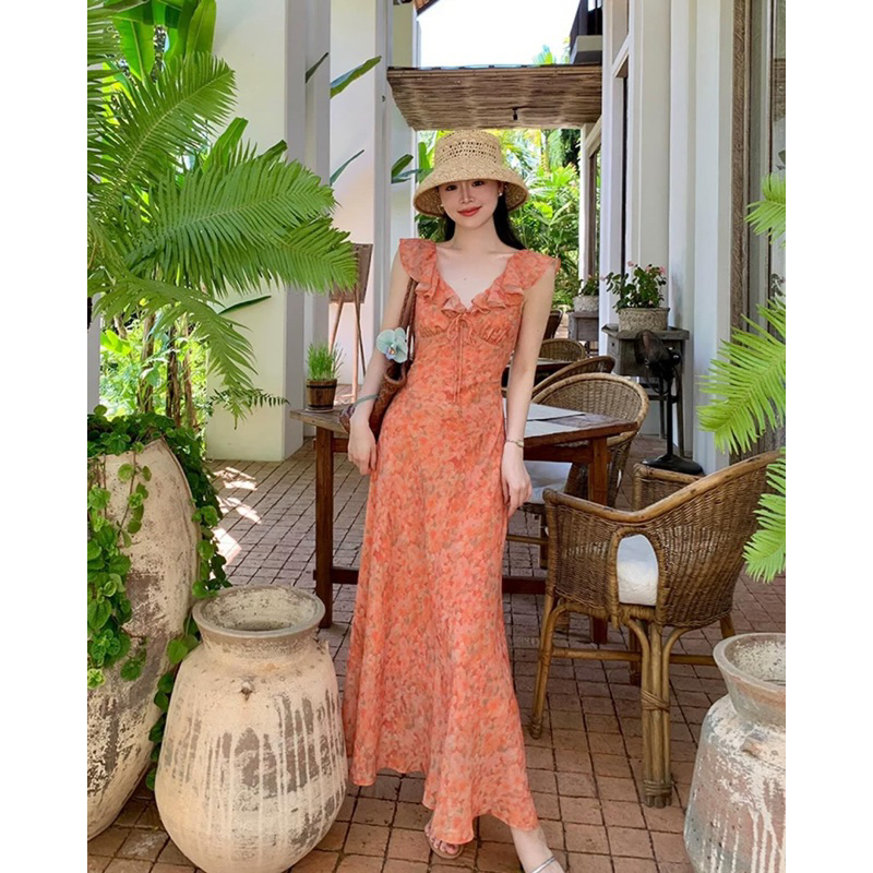 Mogwany พรี Som Blossom Dress เดรสยาวลายดอกสีส้ม ทรงสวย ผ้าดีมีซับใน ซิปหลัง ใส่เที่ยวคาเฟ่,ทะเล,ภูเขา ได้ค่า