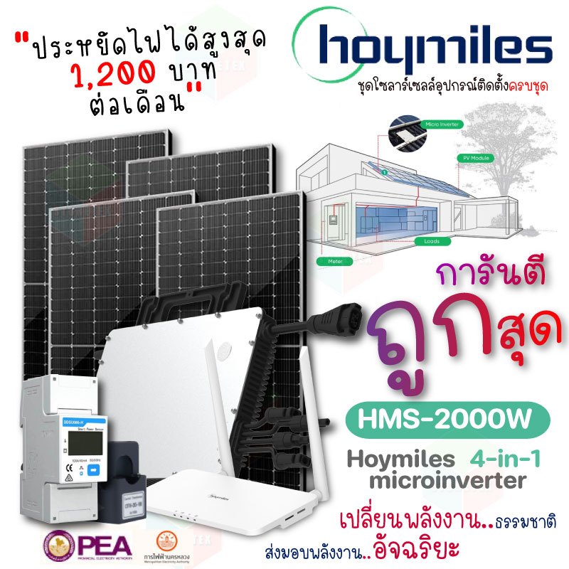 Hoymiles ชุดไมโครอินเวอร์เตอร์ 2000W+(DTU+Smart meter) แผง550W Mono Half Cell 4 แผง