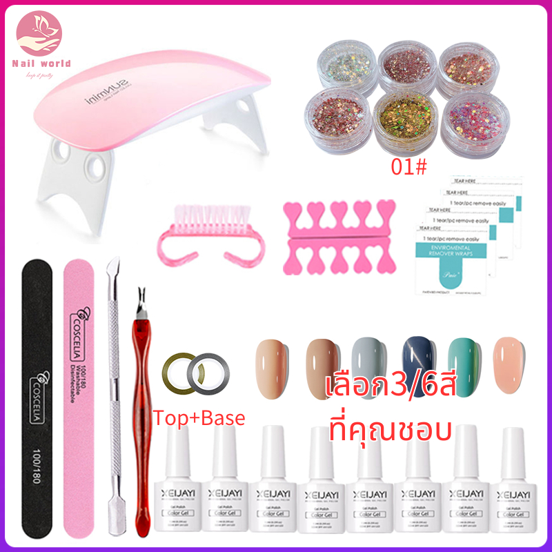 💖21ชิ้น ชุดทําเล็บเจล 6W เครื่องอบเล็บ UV LED ชุดทำเล็บ อุปกรณ์ทำเล็บ+สีเจล3/6/10ขวด+Top+Base Coat