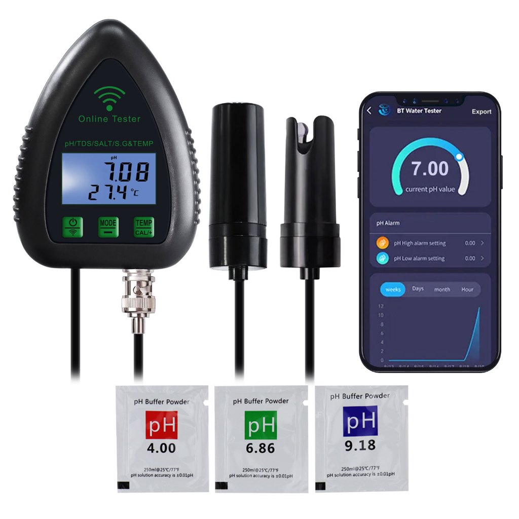 สมาร์ท 5-in-1 pH / TDS / เกลือ / S.G / อุณหภูมิ WiFi เครื่องทดสอบคุณภาพน้ำสำหรับดื่ม Supply พิพิธภัณฑ์สัตว์น้ำ Hydroponics สระว่ายน้ำเพาะเลี้ยงสัตว์น้ำ