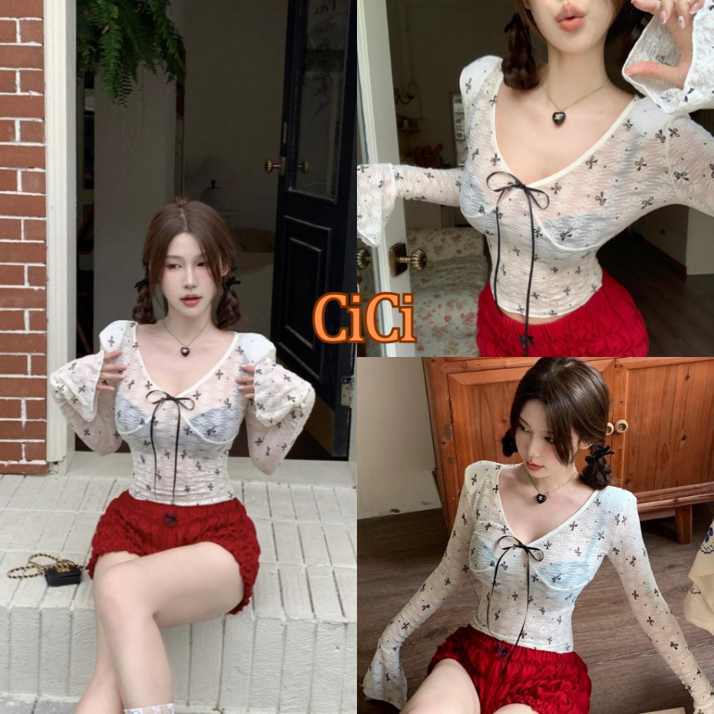 Cici (NO.93120)เสื้อแขนยาวคอวีผ้าซีทรูลายโบว์ ลุคเปี้ยวแซ่บซุกวนสุดๆ