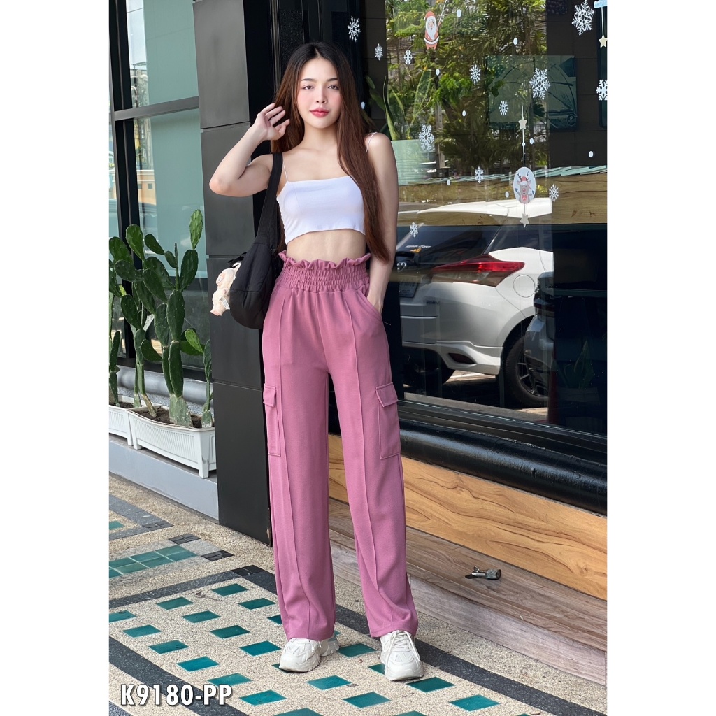 กางเกงเอวสูงตีเกร็ตหน้ากระเป๋าแปะข้าง กางเกงสาวอวบ ขายาวเอวสูงปี๊ดเก็บพุง ช่วยให้เอวเล็ก K9180