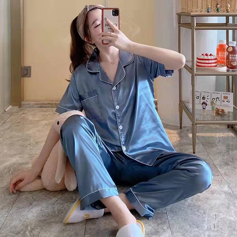 🌈NEW🌈 🚚CODกางเกงขายาว  ชุดนอนผ้าลื่น เซ็ท 2 ชิ้น นุ่ม ชุดนอนผ้าซาตินขายาว ชุดนอนฤดูร้อนของผู้หญิง ผ้าดี สินค้าคุณภาพดี - รูปที่ 2