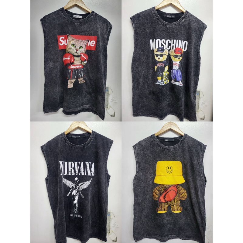 HMWE _SHOP เสื้อยิด แขนกุด งานผ้าฟอก ทรง Oversizeลายวง ลายวินเทจ ลายน่ารักผ้าดี ซักไม่ยืดยาว 29" ใส่ได้ตั้งแต่อก 36-46"