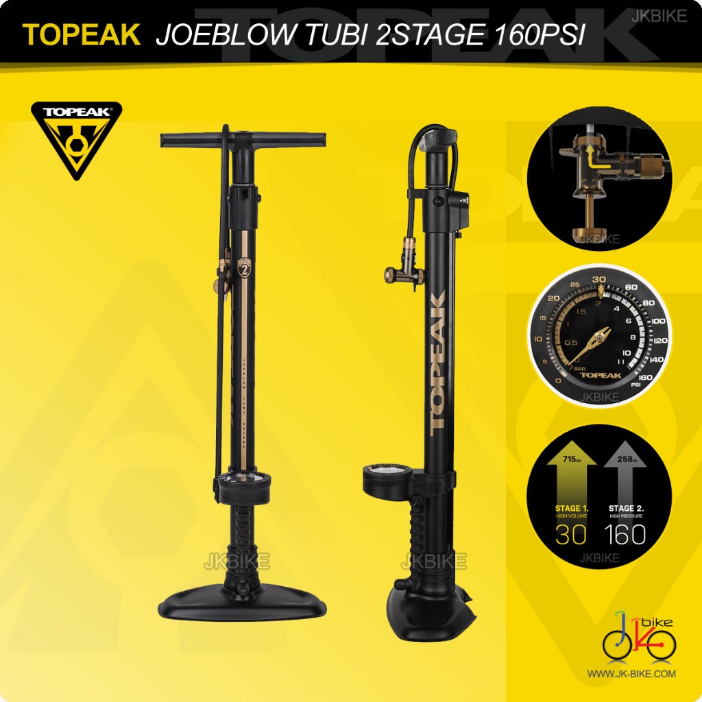 NEW! สูบลมจักรยานตั้งพื้นแรงดัน 160 psi TOPEAK JOEBLOW TUBI 2STAGE TUBELESS PUMP