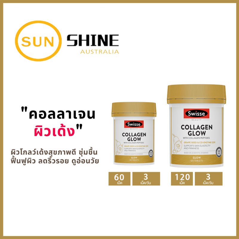 Swisse Collagen Glow ขวดใหญ่ 120 เม็ด สุดคุ้ม คอลลาเจนผสม Grape Seed, CoQ10, และ VIT C & E