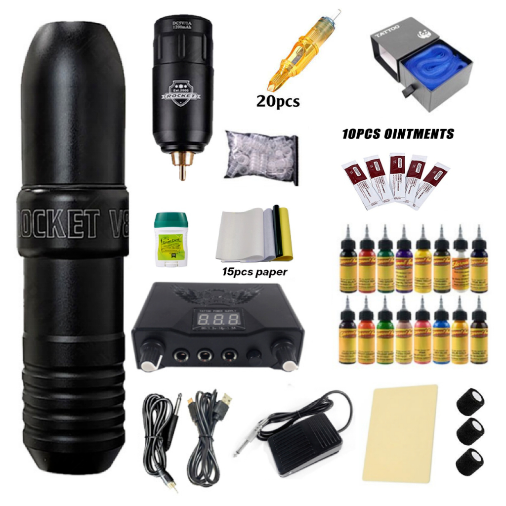 ปากกาเครื่องสัก แหล่งจ่ายไฟไร้สาย V8 RCA Interface Tattoo Machine ครบชุดอุปกรณ์สัก