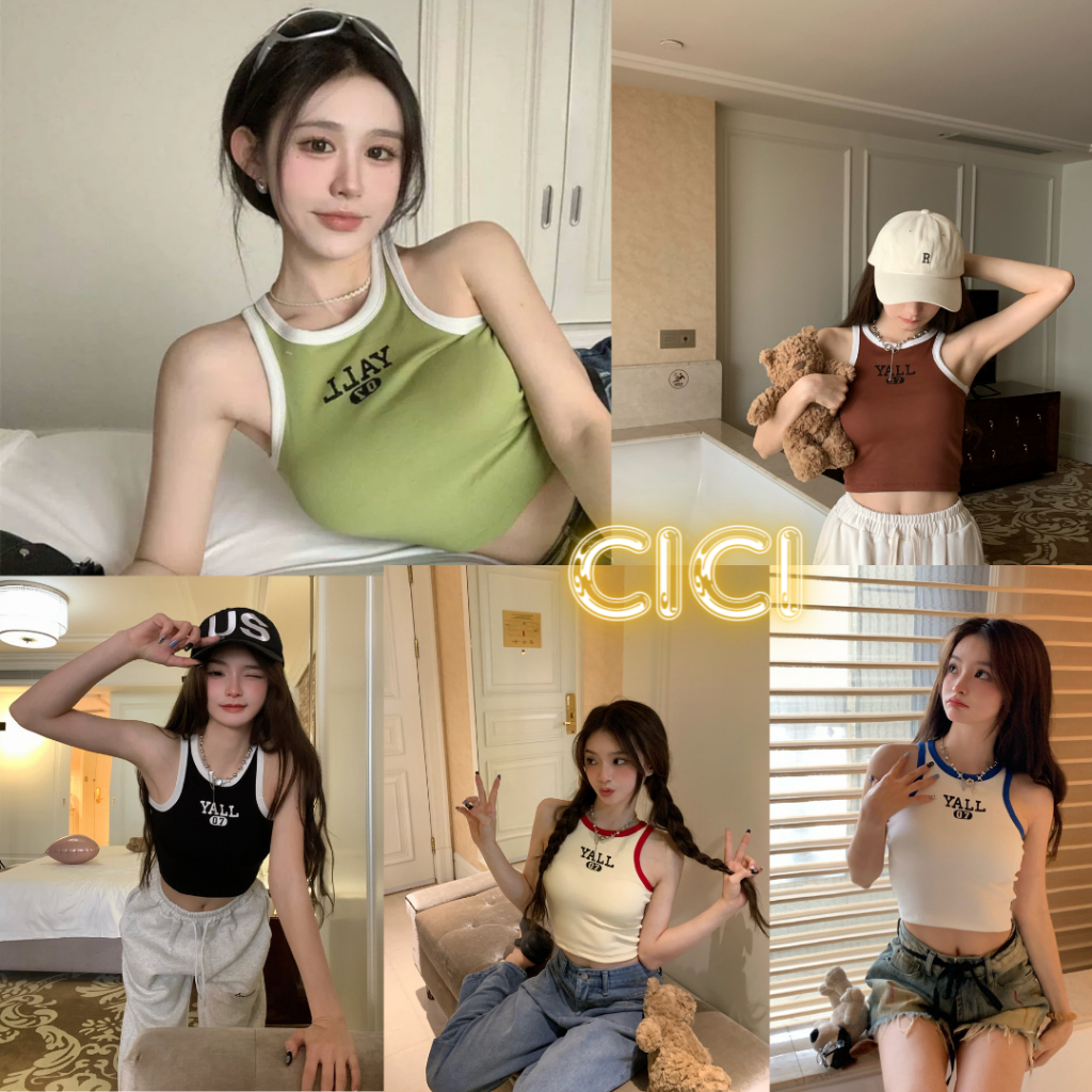 Cici(NO.71040)เสื้อกล้ามไหมพรมคอกลม ดีเทลปักอักษรแต่งสีตัดขอบ แฟชั่นฤดูร้อน