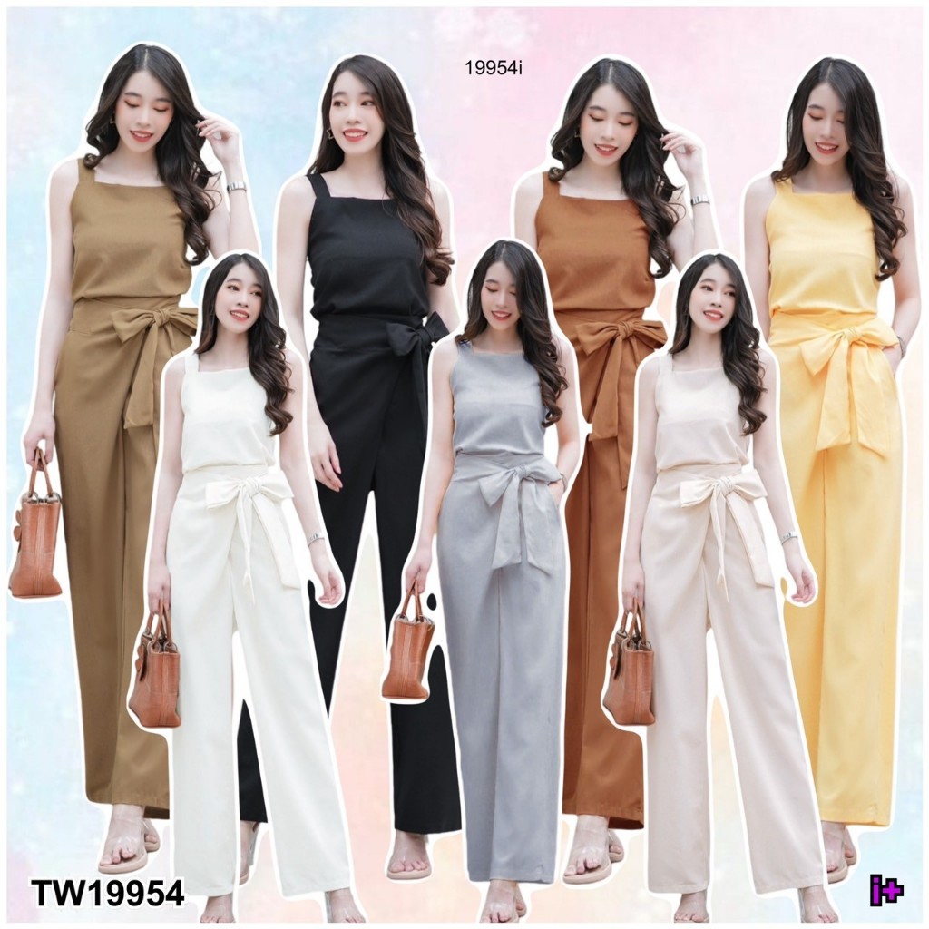 TwinsShopVip💗พร้อมส่ง TW19954 Set 2 ชิ้น เสื้อสายเดี่ยวสายหนา + กางเกงขายาวผูกเอว
