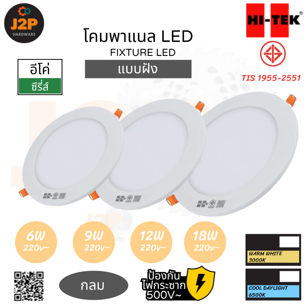 HI-TEK โคมพาแนล LED แบบฝัง แบบกลม อีโค่ซีรีส์ 6W 9W 12W 18W 220V warmwhite 3000K, daylight 6500K J2P