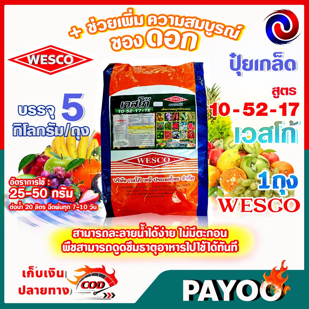 5 กิโลกรัม WESCO ปุ๋ย 10-52-17 +TE(ธาตุรองเสริม) ปุ๋ยเกล็ด ปุ๋ยเกร็ด เวสโก้ เพิ่มความสมบูรณ์ของดอก