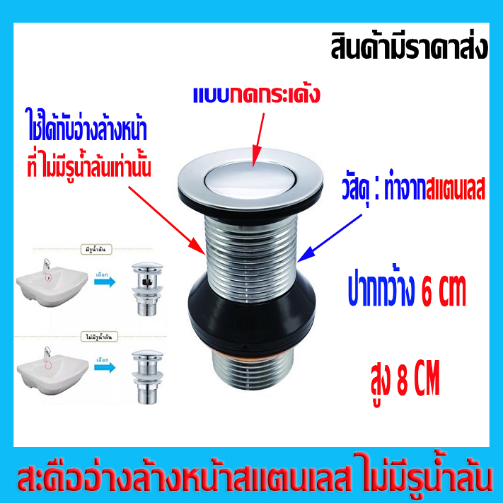 สะดืออ่างล้างหน้า สะดือ สะดืออ่างล้างหน้าไม่มีรูน้ำล้น ทำจากสแตนเลส ใช้ได้กับทุกอ่างที่ไม่มีรูน้ำล้นเท่านั้น ขนาดมาตราฐา