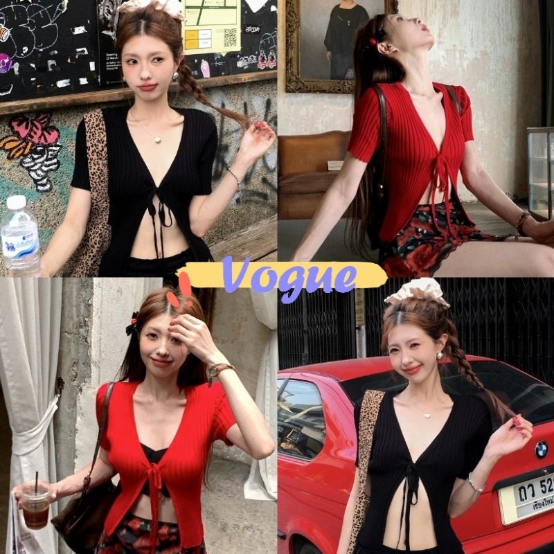 Vogue พร้อมส่ง เสื้อไหมพรม คอวี แขนสั้น ดีเทลผ้าร่องเล็ก ผูกตรงอก (ZF65)