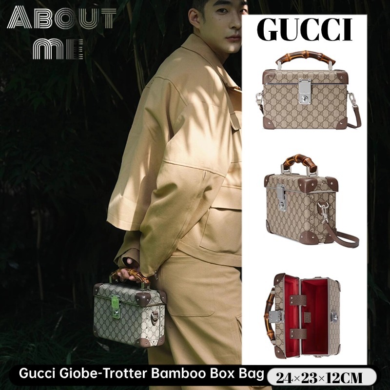 กุชชี่ 🌸Gucci Giobe-Trotter Bamboo Box Bag 🌸 กระเป๋าสะพายข้างแฟชั่นพิมพ์ลาย Men’s Crossbody Bag