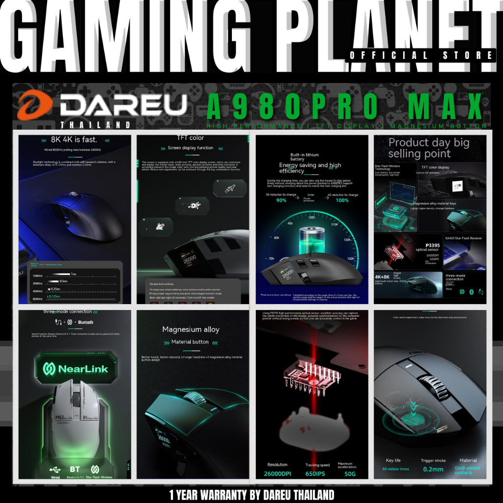 DAREU A980 PRO MAX 8Khz Three Mode Mouse เม้าส์เกมมิ่งไร้สาย 8Khz มีจอ TFT