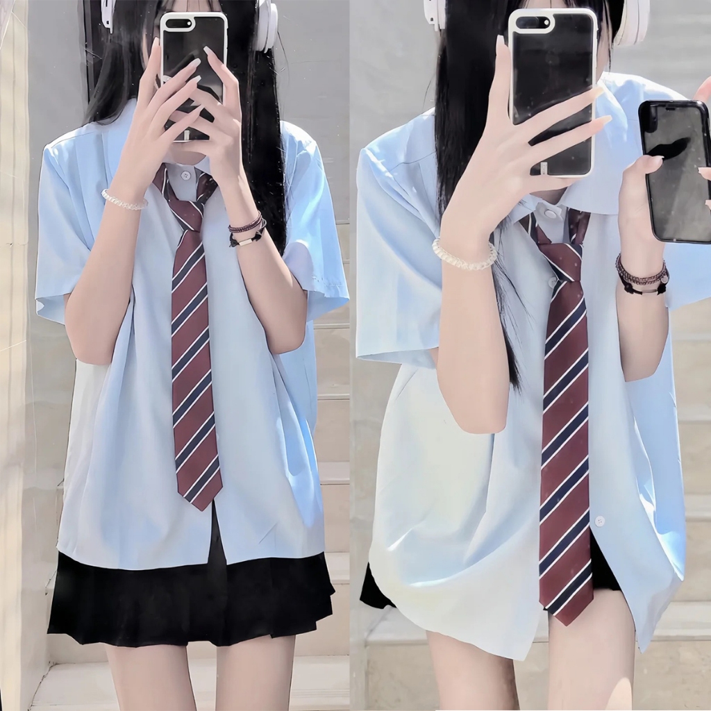 Trusnus เสื้อเชิ้ตที่มีสไตล์ สีฟ้า JK แบบญี่ปุ่น สไตล์เกาหลี สไตล์ สตรี ทรงพลีท รุ่นสั้น เสื้อสาวอวบ