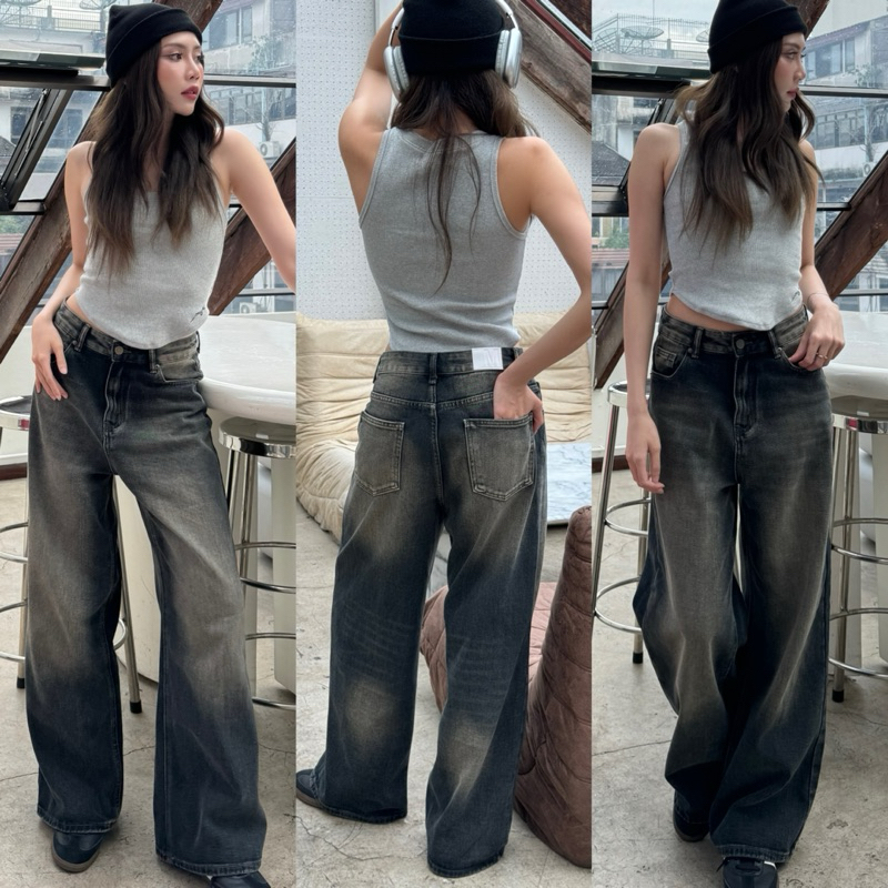 Beb Jeans - ยีนส์ดำทรงกระบอกใหญ่