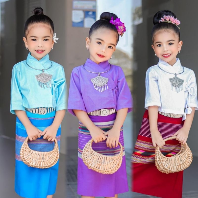 #Tn ชุดพื้นเมืองเด็ก ชุดล้านนาเด็ก งาน 2 ชิ้น เสื้อ+โปรง (ไม่รวมประดับ).