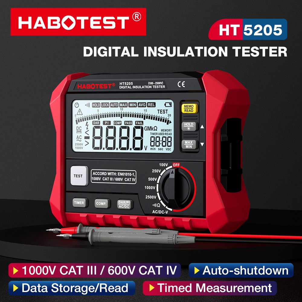 HABOTEST HT5205 เครื่องทดสอบฉนวนดิจิตอลการวัดแรงดันไฟฟ้า AC/DC จอ LCD ความละเอียดสูงหน้าจอขนาดใหญ่พร