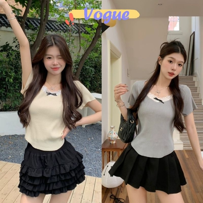 Vogue พร้อมส่ง เสื้อยืดไหมพรม แขนสั้น คอกลม ดีเทลผ้าร่อง ขอบลูกไม้ (M7305)