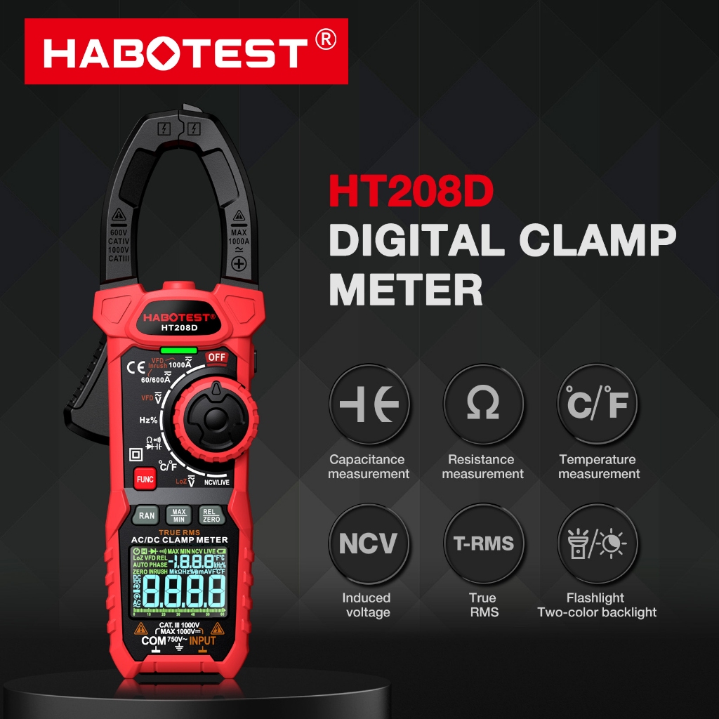 HABOTEST HT208 แคลมป์มิเตอร์ 1000V/1000A AC/DC 6000 ครั้ง มัลติมิเตอร์ มิเตอร์แบบดิจิตอล แคลมป์ True RMS NCV มัลติมิเตอร