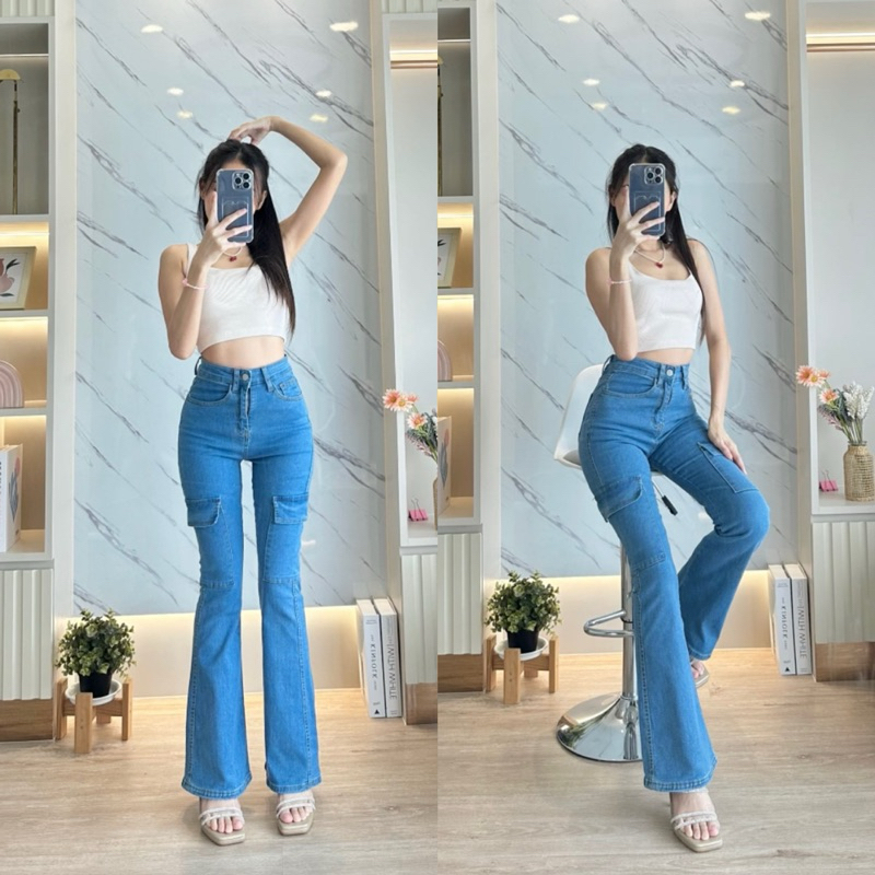 ขาม้าคาร์โก้ผ้ายืดเอวสูง สีบลูยีนส์ B469 ทรงสวย สินค้าป้ายร้าน Chana Jeans  กางเกงยีนส์