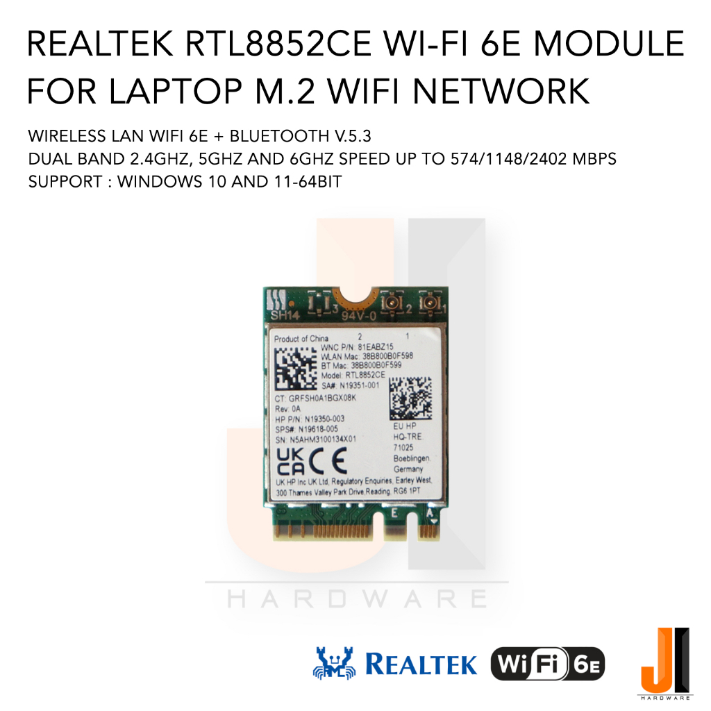 Realtek RTL8852CE Wi-Fi 6E  card for notebook wifi + bluetooth v.5.3 dual band 2.4Ghz, 5/6Ghz (ของให