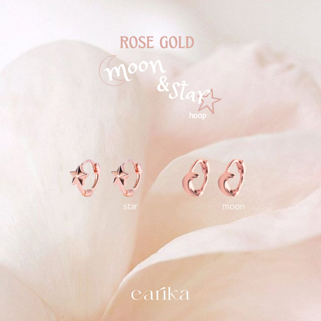 earika.earrings - rose gold moon&star hoop ต่างหูห่วงเงินแท้โรสโกลด์จี้พระจันทร์/ดาว ผิวแพ้ง่ายใส่ได