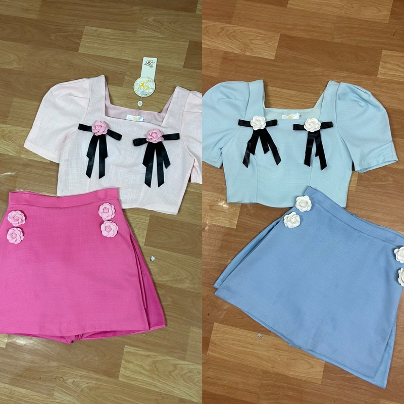 (s,m) ชุดเซตกระโปรง ผ้าทอทวิต เสื้อ+กระโปรง ซับกางเกง งานป้าย sn brand