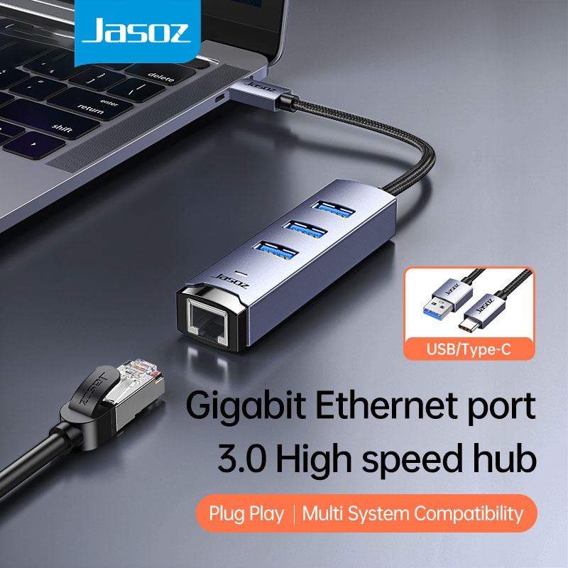 ส่งจาก กทม Jasoz Type C USB 3.0 HUB to RJ45 อะแดปเตอร์การ์ดเครือข่าย สำหรับโทรศัพท์มือถือ แล็ปท็อป