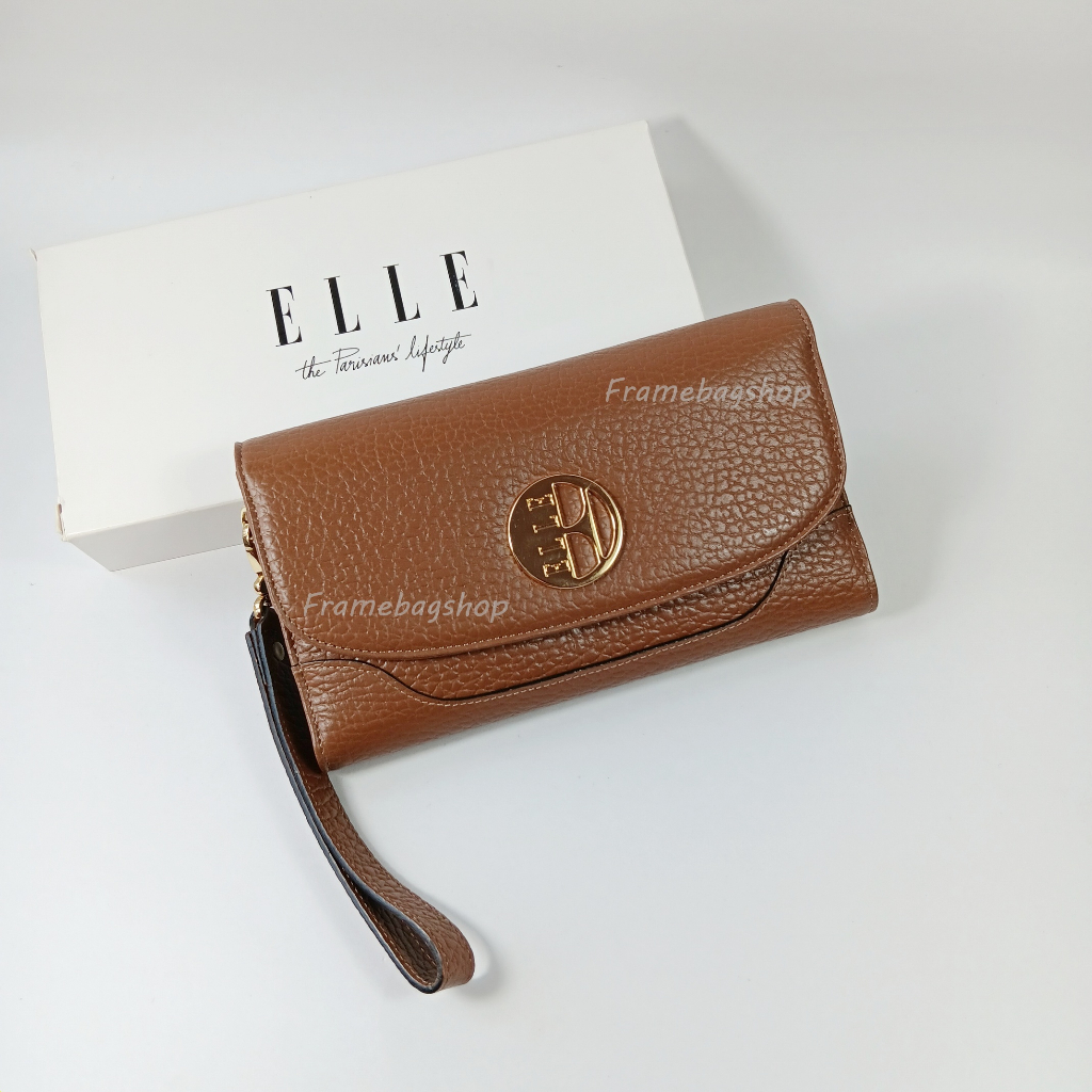 ELLEกระเป๋าสตางค์ผู้หญิงใบยาวสามพับ สีน้ำตาลเข้ม หนังลาย หนังนิ่ม อะไหล่สีทอง หนังแท้100%