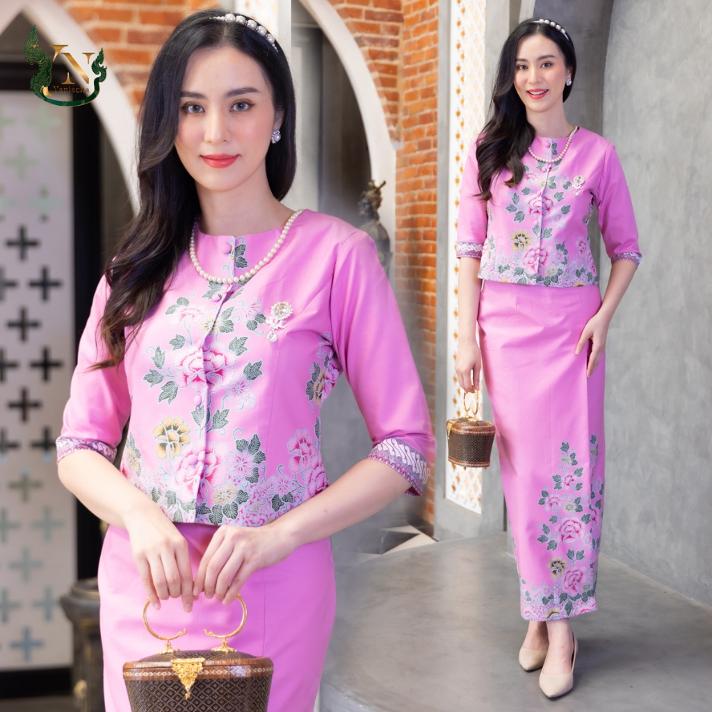 ชุดผ้าปาเต๊ะ ชุดเซ็ท ชุดออกงาน - ชมพู ลายดอก