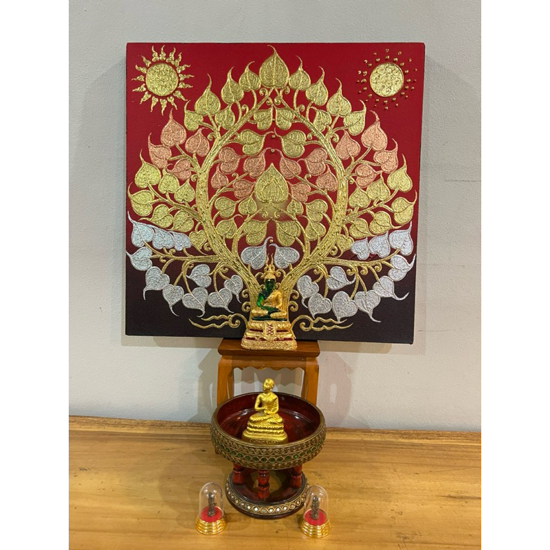 ต้นโพธิ์ทองเงินนาค ภาพมงคล ของขวัญของฝาก ขึ้นบ้านใหม่(สามบารมี)พื้นสีแดงขนาด60/60cm